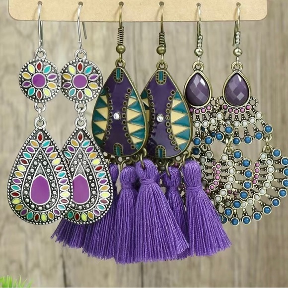 Beautiful Boho Purple & Silver Earring Set - Picture 1 of 1